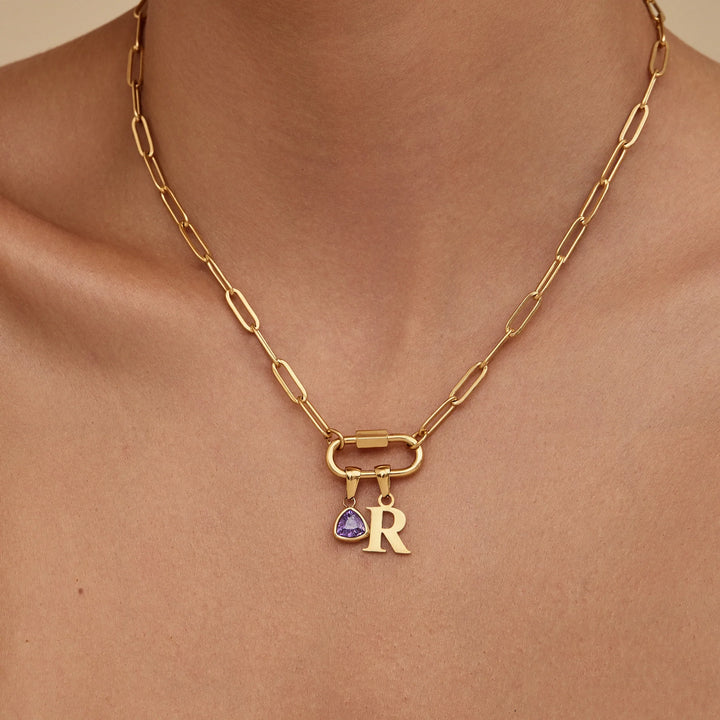 Carabiner Charm Lock Necklace With Initial &amp; Birthstone