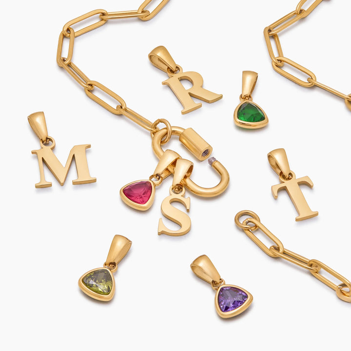Carabiner Charm Lock Necklace With Initial &amp; Birthstone