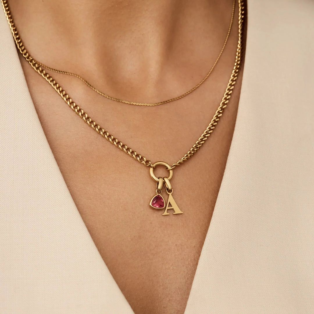 Initial Birthstone Curb Chain Necklace