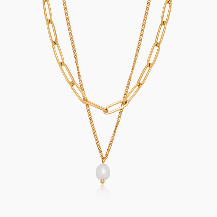 Paperclip &amp; Pearl Drop Layered Necklace