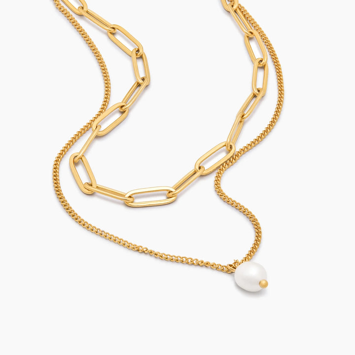 Paperclip &amp; Pearl Drop Layered Necklace