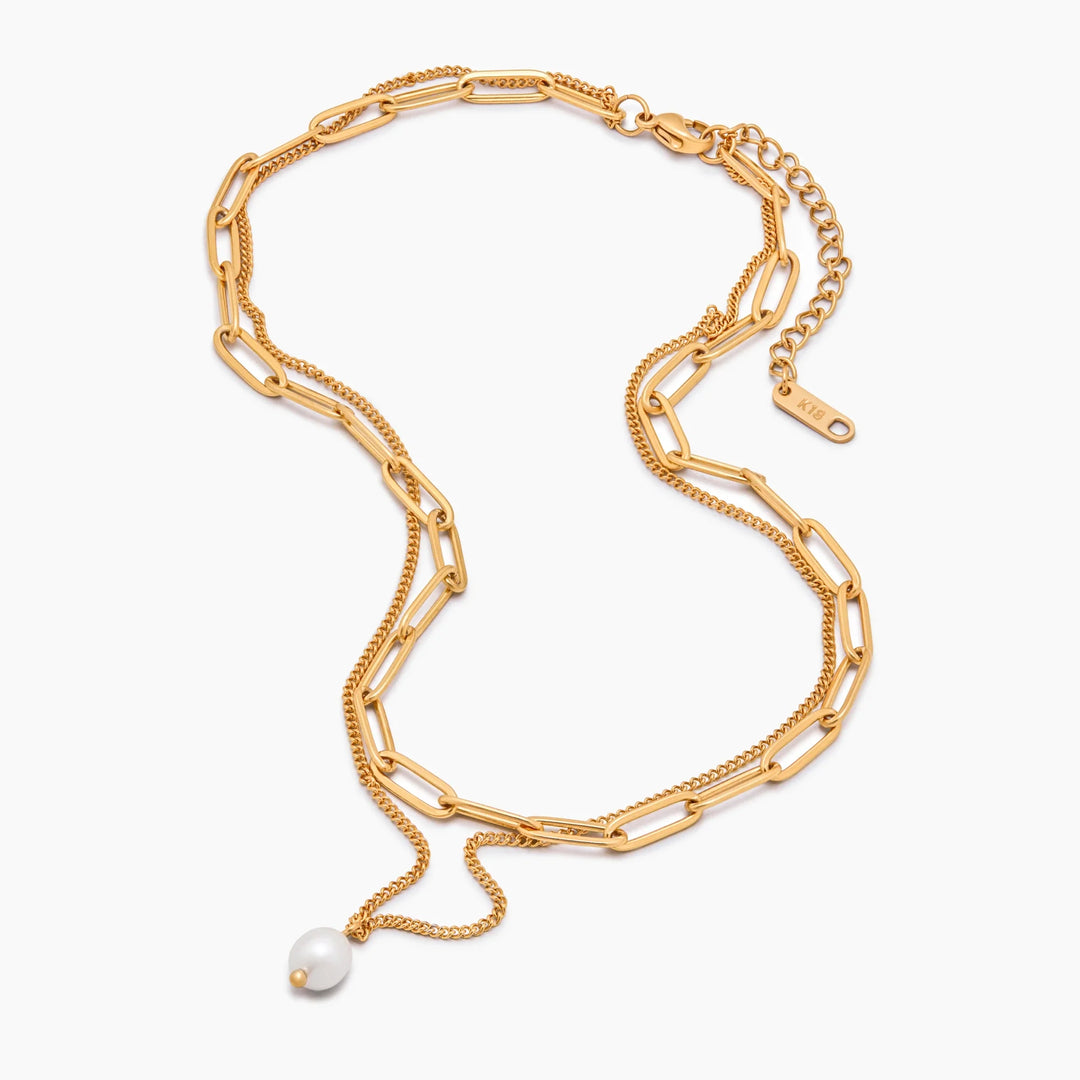 Paperclip &amp; Pearl Drop Layered Necklace