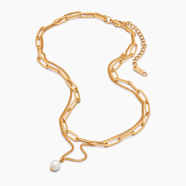 Paperclip &amp; Pearl Drop Layered Necklace