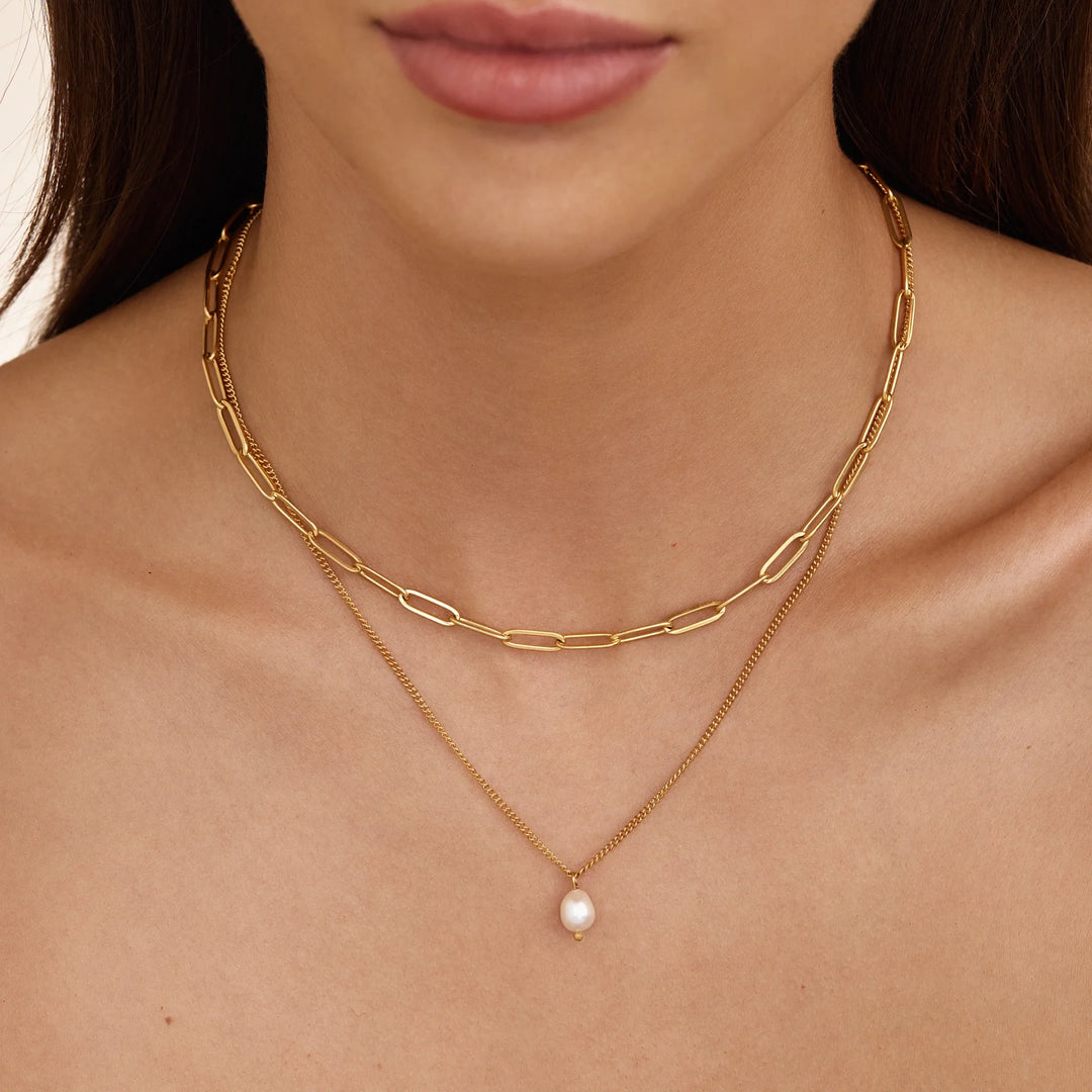 Paperclip &amp; Pearl Drop Layered Necklace