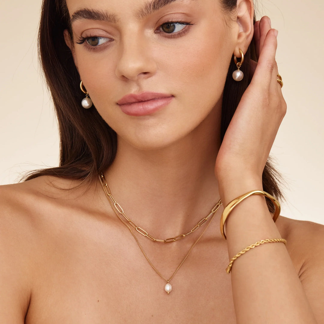 Paperclip &amp; Pearl Drop Layered Necklace