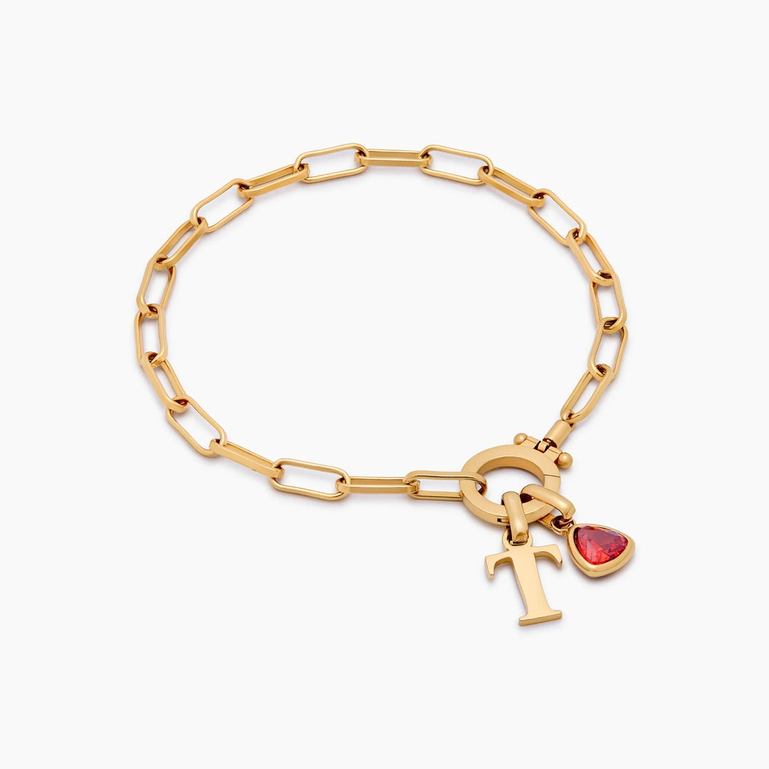 Paperclip Birthstone Initial Charm Bracelet